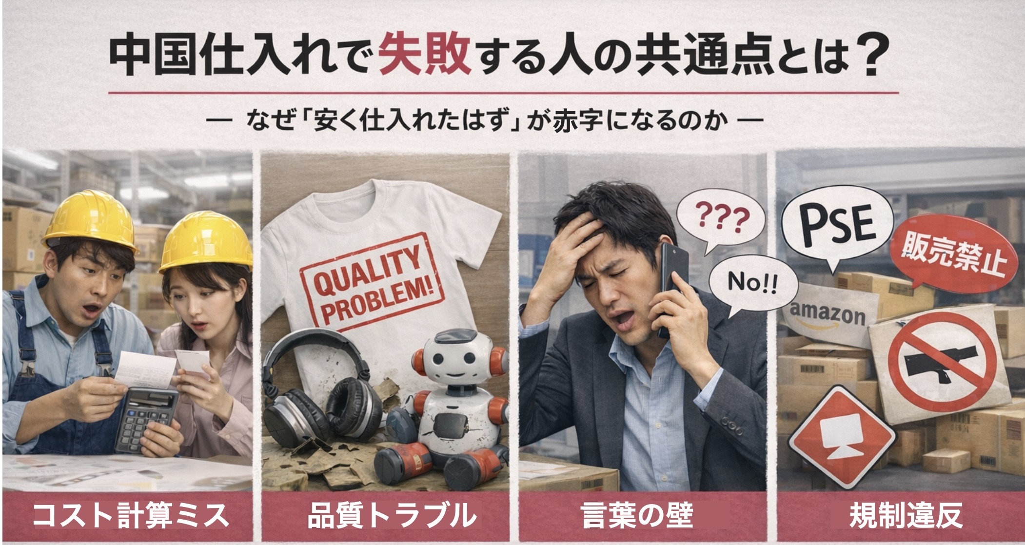 中国仕入れは「原価を大きく下げられる」「OEM・ODMができる」など、多くのメリットがある一方で、 同じような理由で失敗する人が後を絶たないのも事実です。
実際、Hubbuyerにお問い合わせいただくご相談内容を見てみても、失敗される方にはいくつかの共通点があります。
この記事では、中国仕入れで失敗する人の典型パターンと、それをどう回避すればいいのかを具体的に解説します。中国仕入れ代行　中国仕入れアパレル　中国仕入れアリババ	