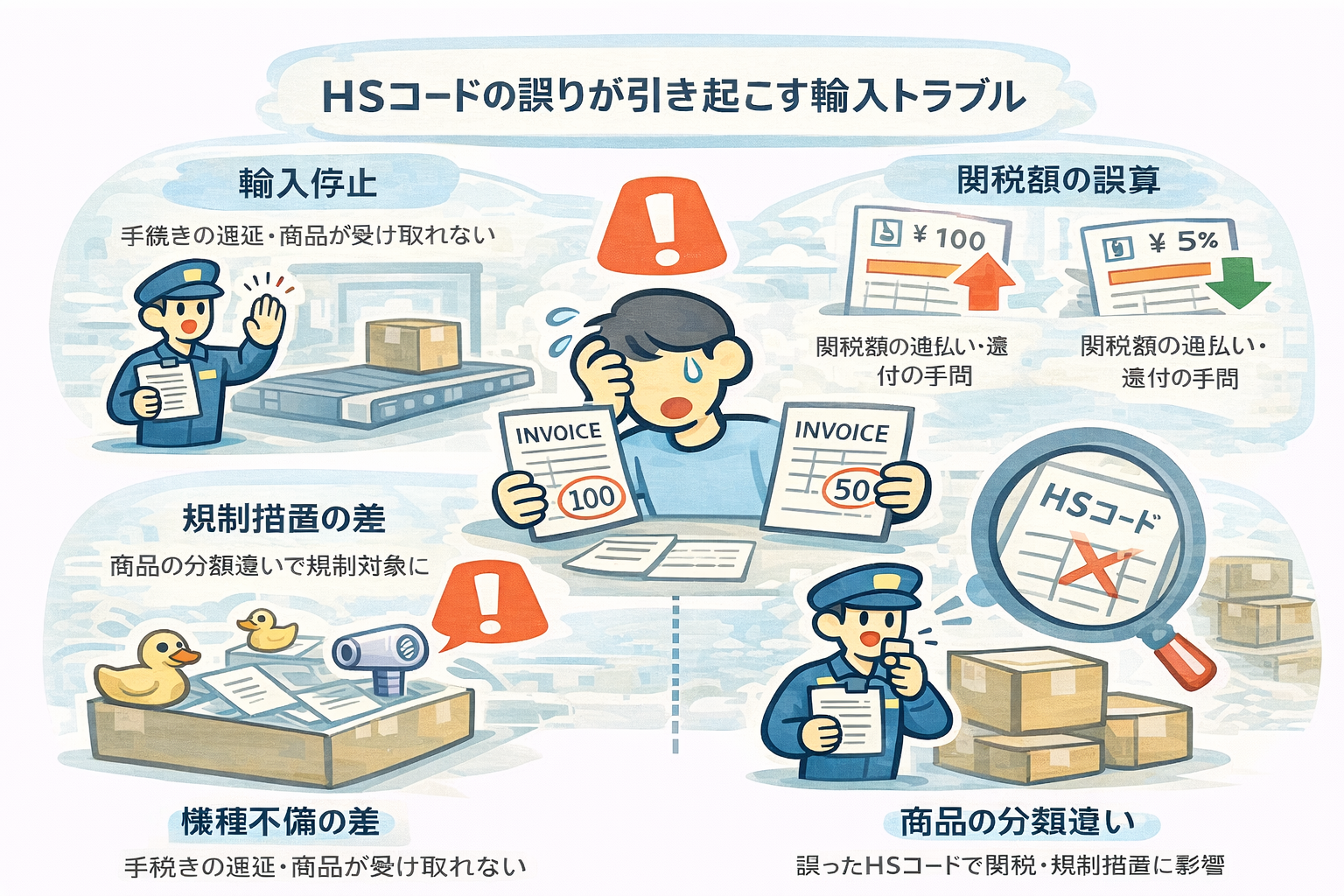 「HSコードは、前に使ったものをそのまま使っています」 「仕入先が指定してきたコードなので問題ないと思いました」
輸入の相談現場で、非常によく聞く言葉です。 そして実際、HSコードの誤りは、書類不備と並んで通関トラブルの原因として最も多い項目の一つです。
それにもかかわらず、HSコードは「一度決めたら終わり」「細かい分類の話にすぎない」といった認識で、軽視されがちです。
しかし実務の現場で見ていると、HSコードの誤りは単なる番号選択のミスではありません。
・課税判断ができない ・規制対象かどうか判断できない ・書類全体の信頼性が揺らぐ
こうした問題を連鎖的に引き起こし、結果として深刻な輸入トラブルにつながる構造を持っています。
本記事では、なぜHSコードの誤りがここまで大きな問題になるのか、そしてなぜ同じミスが繰り返されるのかを、感覚論ではなく、構造の問題として整理します。