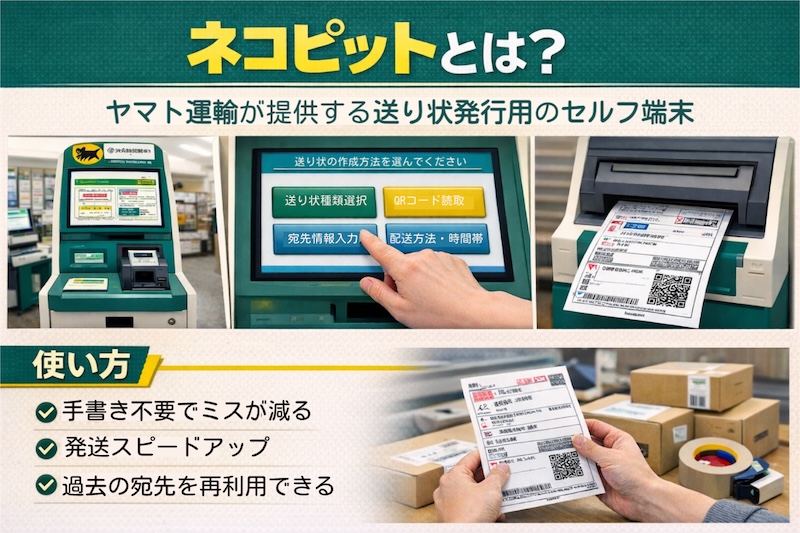 ネコピットとは、ヤマト運輸が提供している送り状発行用のセルフサービス端末のことです。主にヤマト運輸の営業所や一部の取扱店に設置されており、宅急便の送り状（伝票）をその場で簡単に作成・印刷することができます。
従来の発送方法では、手書きの伝票に宛先や依頼主の情報を記入する必要がありました。しかしネコピットを利用することで、タッチパネル操作だけで送り状を発行できるため、作業効率が大きく向上します。
特に近年では、フリマアプリやEC販売の普及により、個人でも発送業務を行う機会が増えています。そうした背景から、ネコピットの重要性はますます高まっています。	