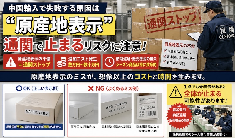 中国輸入ビジネスにおいて、「安く仕入れること」だけに意識が向いていませんか。 しかし、その前に必ずクリアしておかなければならない重要なポイントがあります。
それが「原産地表示」です。
この部分を軽視すると、通関で止まる可能性が高くなり、想像以上のコストと時間を失うことになります。
本記事では、原産地誤認によって実際に起きるトラブルと、そのリスクを防ぐための具体策をセットで解説します。 さらに、hubbuyerで提供している解決策についても詳しく紹介します。