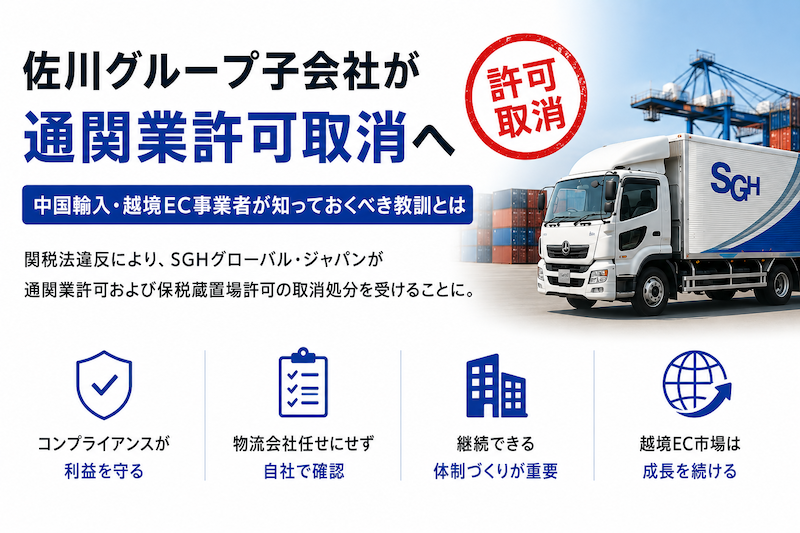 On June 1, 2026, logistics giant SG Holdings announced that its consolidated subsidiary, SGH Global Japan (hereinafter “SGJ”), had its customs clearance and bonded warehouse licenses revoked for violating the Customs Act.
The revocation of a customs clearance license is one of the most severe administrative penalties imposed on customs brokers, and the fact that a subsidiary of a major corporate group was subject to this action sent shockwaves through the logistics industry.
For companies engaged in imports from China and cross-border e-commerce in particular, an incident of this nature involving a company that underpins the logistics infrastructure is undoubtedly noteworthy news.
In recent years, the market for imports from China and cross-border e-commerce has continued to expand. At the same time, issues such as labor shortages and increased operational burdens resulting from the growth in logistics volume are becoming increasingly apparent.
This incident should not be viewed merely as a scandal involving a logistics company, but rather as a case that offers important insights for importers and e-commerce operators dealing with China.
This article summarizes the details of the administrative sanctions and provides a detailed analysis of the lessons that importers and other businesses dealing with China should take away from this incident.