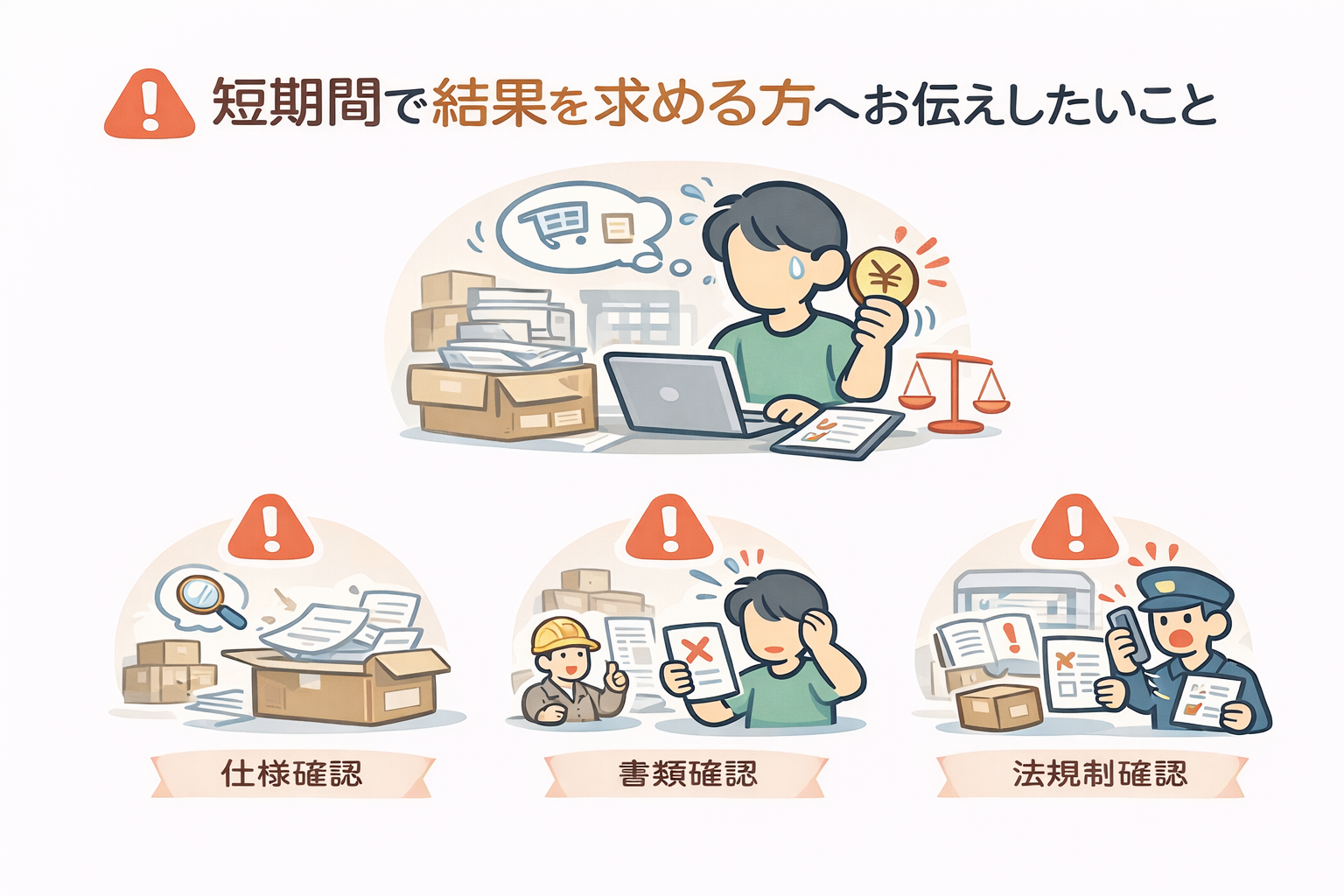 “想尽快卖出去”、“希望本月内看到成果”
在关于中国采购的咨询中，听到这类话并不罕见。
急于见效的心态本身绝非错误。
不过，事实是，以短期见效为前提的思维方式，有时会与中国采购的推进方式产生冲突。
中国采购具有在反复确认、调整和沟通中逐步推进的结构。 如果跳过这一前提，就很容易导致中途无法修正的麻烦。
本文将从结构的角度（而非主观臆断），梳理为何以短期见效为前提的思维方式在中国采购中容易成为风险。