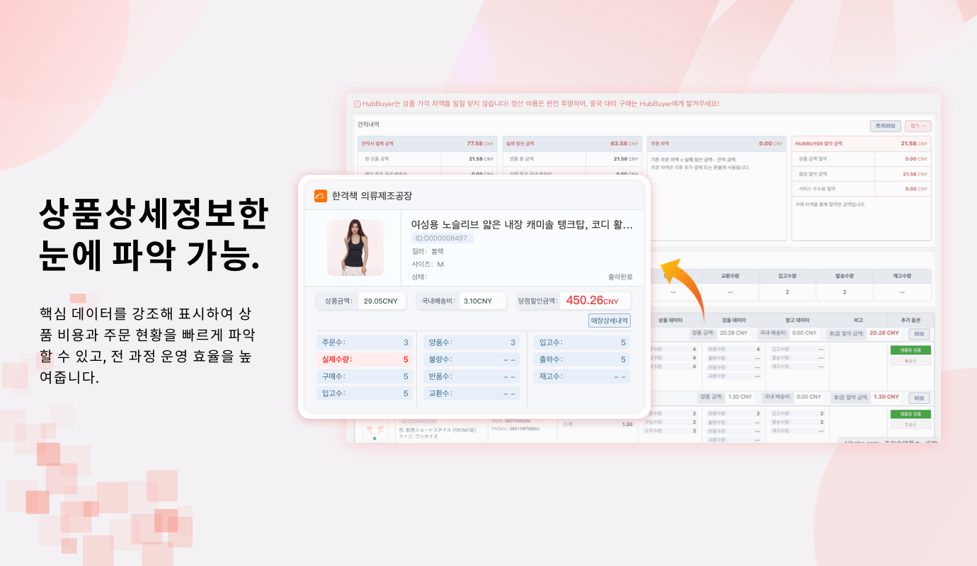 Hubbuyer 상품 상세 페이지의 핵심 데이터, 비용 및 주문 정보