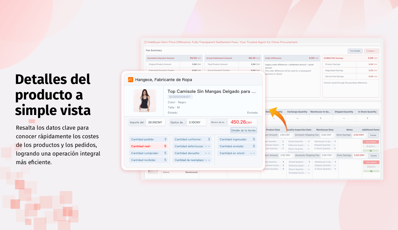Datos clave, costes e información del pedido en la página de producto de Hubbuyer