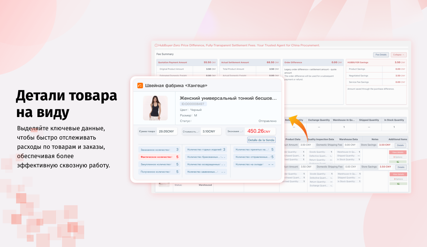 Основные данные, затраты и информация о заказе на странице товара Hubbuyer